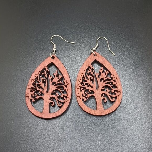 REDWOOD tree of life tier drop shape wooden earrings - Picture 3 of 4